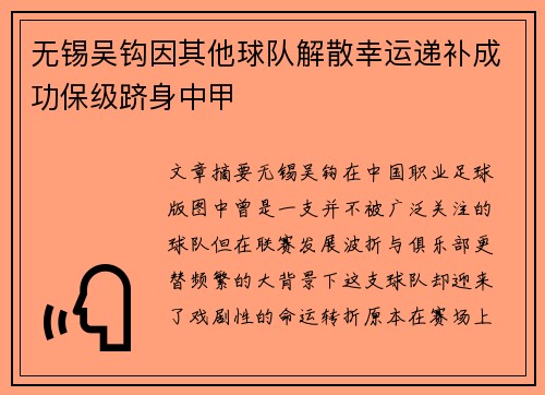 无锡吴钩因其他球队解散幸运递补成功保级跻身中甲